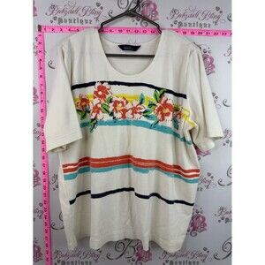 Penningtons T-shirt vintage flowers stripe Cream Floral Stripe Short Sleeve Top
